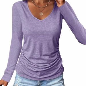 Womens Ruched Tops V Neck Long Sleeve Shirts Casual T Shirts Fall Winter Top